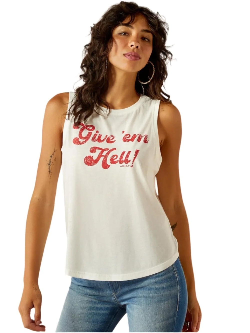 Ariat White Muscle Tank with Red 'Give 'em Hell' Graphic